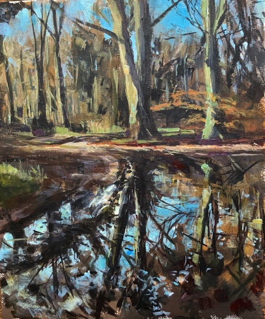 Painting of winter reflections in a puddle on a muddy track